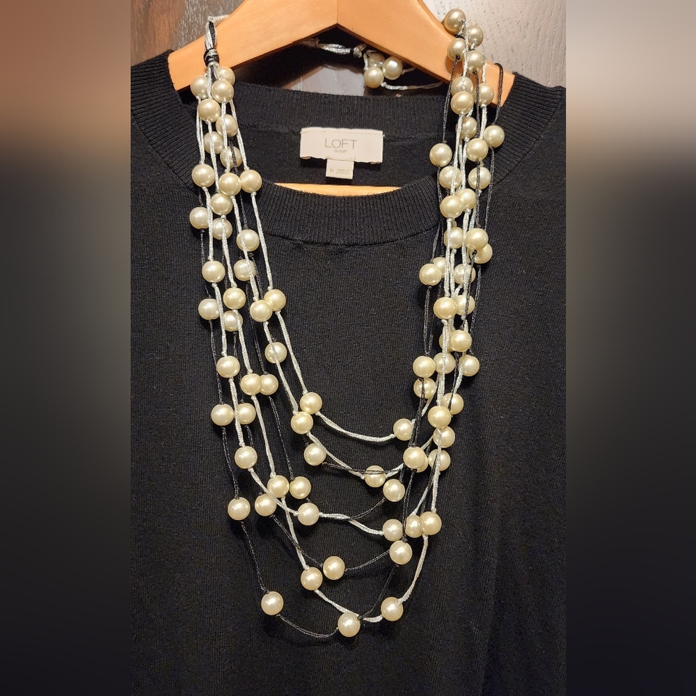 Multi-Strand Silver, Black and Pearl Necklace